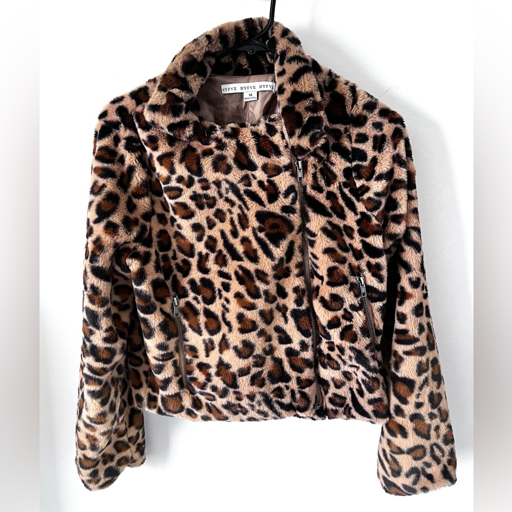 HYFVE Leopard Animal Print Faux Fur Cropped Jacket Coat Soft Fuzzy Zipper Med